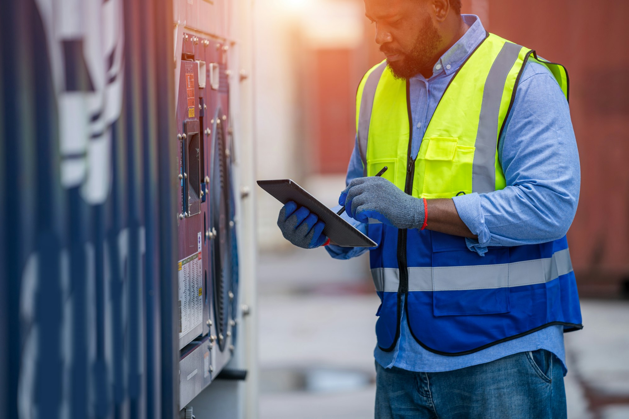 International shipping logistics, Logistics workers of forwarder with tablet inspect cargo.